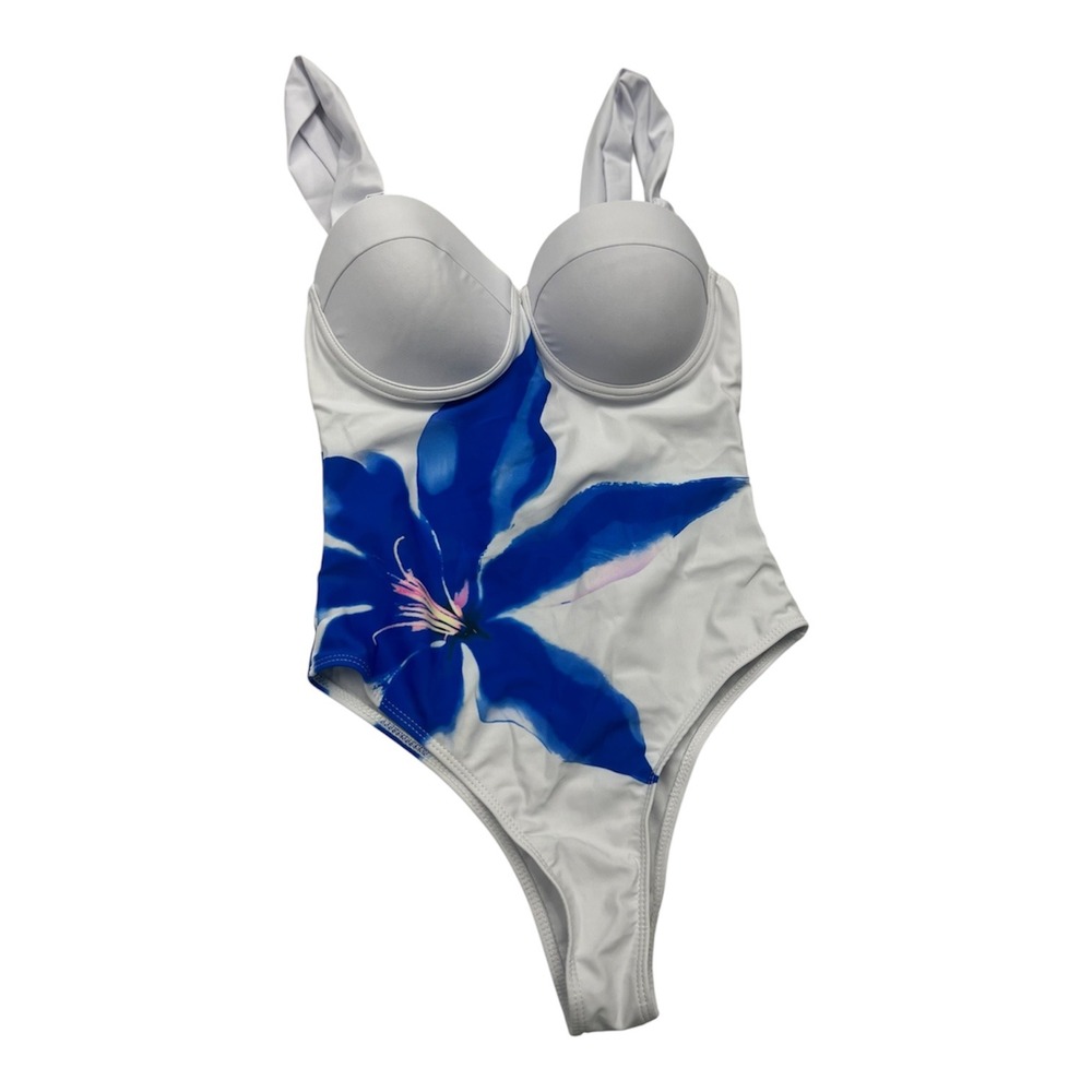 Floral Underwire One Piece Swimsuit with Matching Sarong Cover Up White Blue S